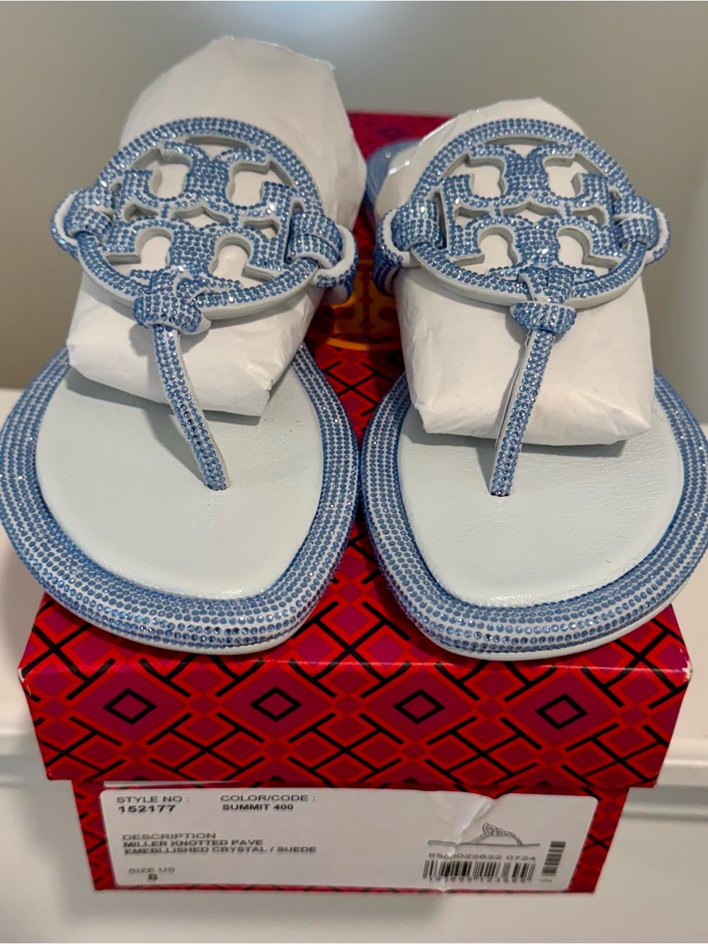 Tory Burch Light Blue Miller Pave Logo Thong Sandals with Beaded Trim (size 8)
